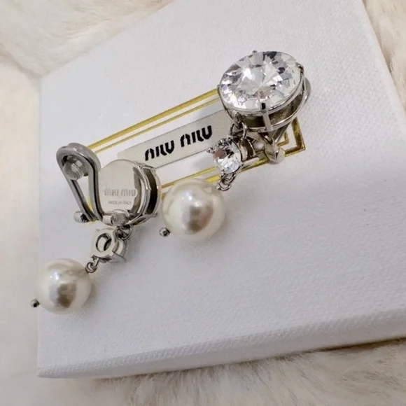 Miu Miu Crystal and Pearl Drop Clip on Earrings - Picture 6 of 7